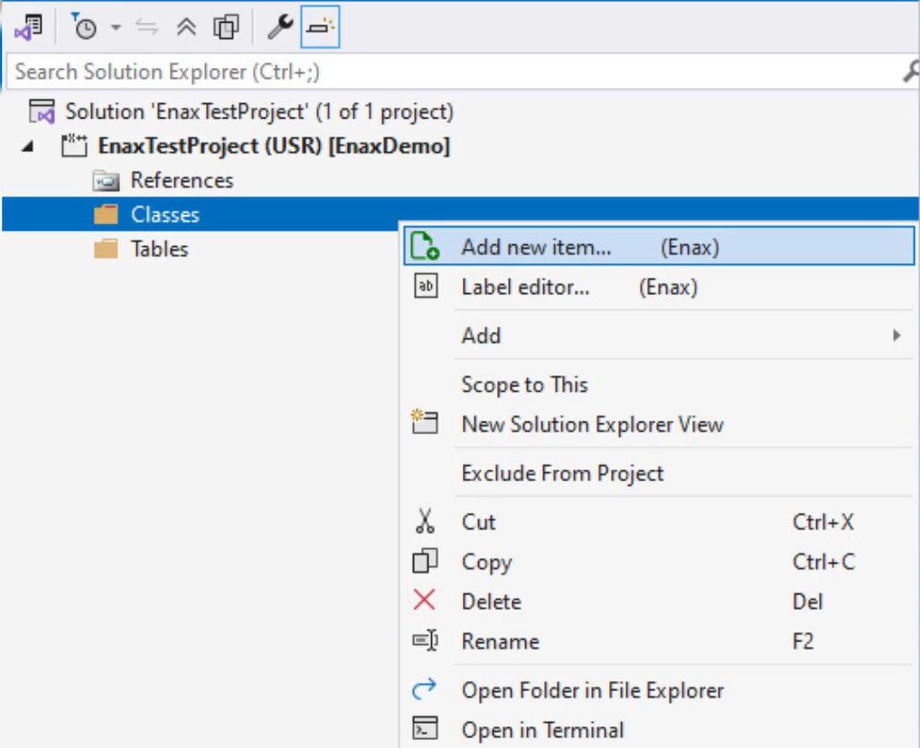 Accessing AI-powered Add New Item menu options including Label Editor and object creation tools in Visual Studio